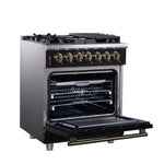 Forno Massimo 30-Inch Freestanding Dual Fuel Range in Black with Antique Brass Accessories, 4 Burners, 4.32 cu. ft. Convection Oven - BonPrix Électroménagers