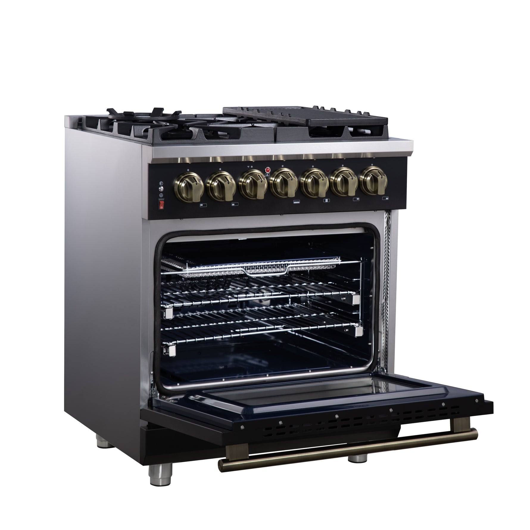 Forno Massimo 30-Inch Freestanding Dual Fuel Range in Black with Antique Brass Accessories, 4 Burners, 4.32 cu. ft. Convection Oven - BonPrix Électroménagers