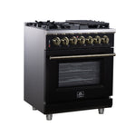 Forno Massimo 30-Inch Freestanding Dual Fuel Range in Black with Antique Brass Accessories, 4 Burners, 4.32 cu. ft. Convection Oven - BonPrix Électroménagers