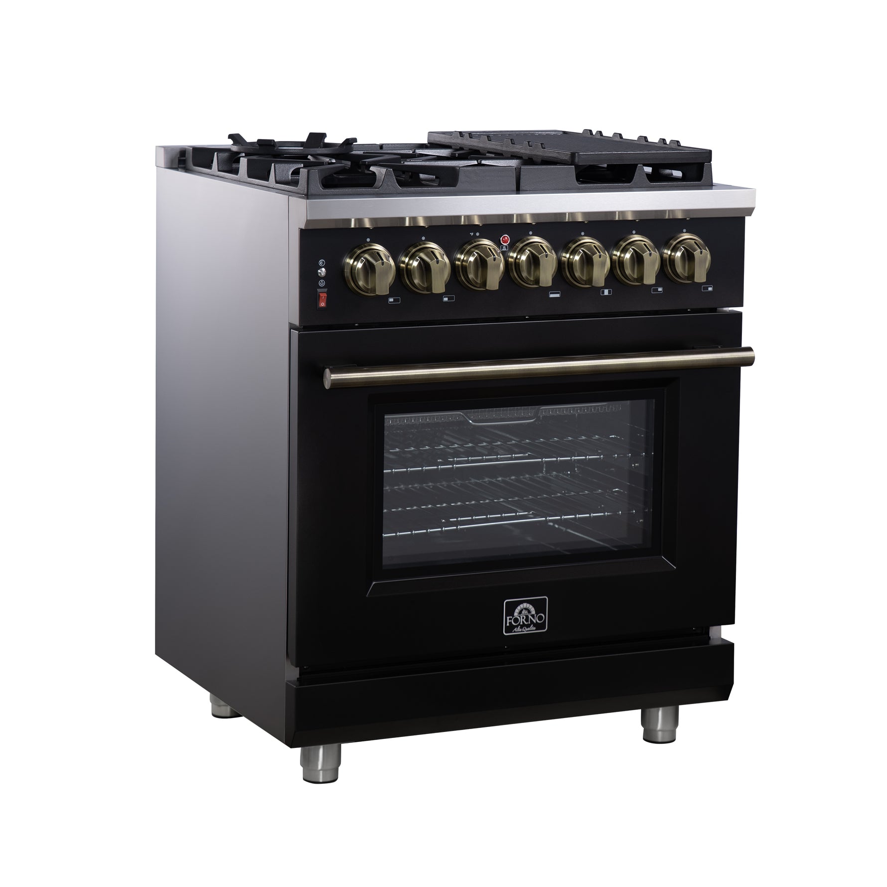 Forno Massimo 30-Inch Freestanding Dual Fuel Range in Black with Antique Brass Accessories, 4 Burners, 4.32 cu. ft. Convection Oven - BonPrix Électroménagers