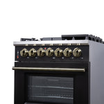 Forno Massimo 30-Inch Freestanding Dual Fuel Range in Black with Antique Brass Accessories, 4 Burners, 4.32 cu. ft. Convection Oven - BonPrix Électroménagers