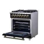 Forno Massimo 30-Inch Freestanding Dual Fuel Range in Black with Antique Brass Accessories, 4 Burners, 4.32 cu. ft. Convection Oven - BonPrix Électroménagers