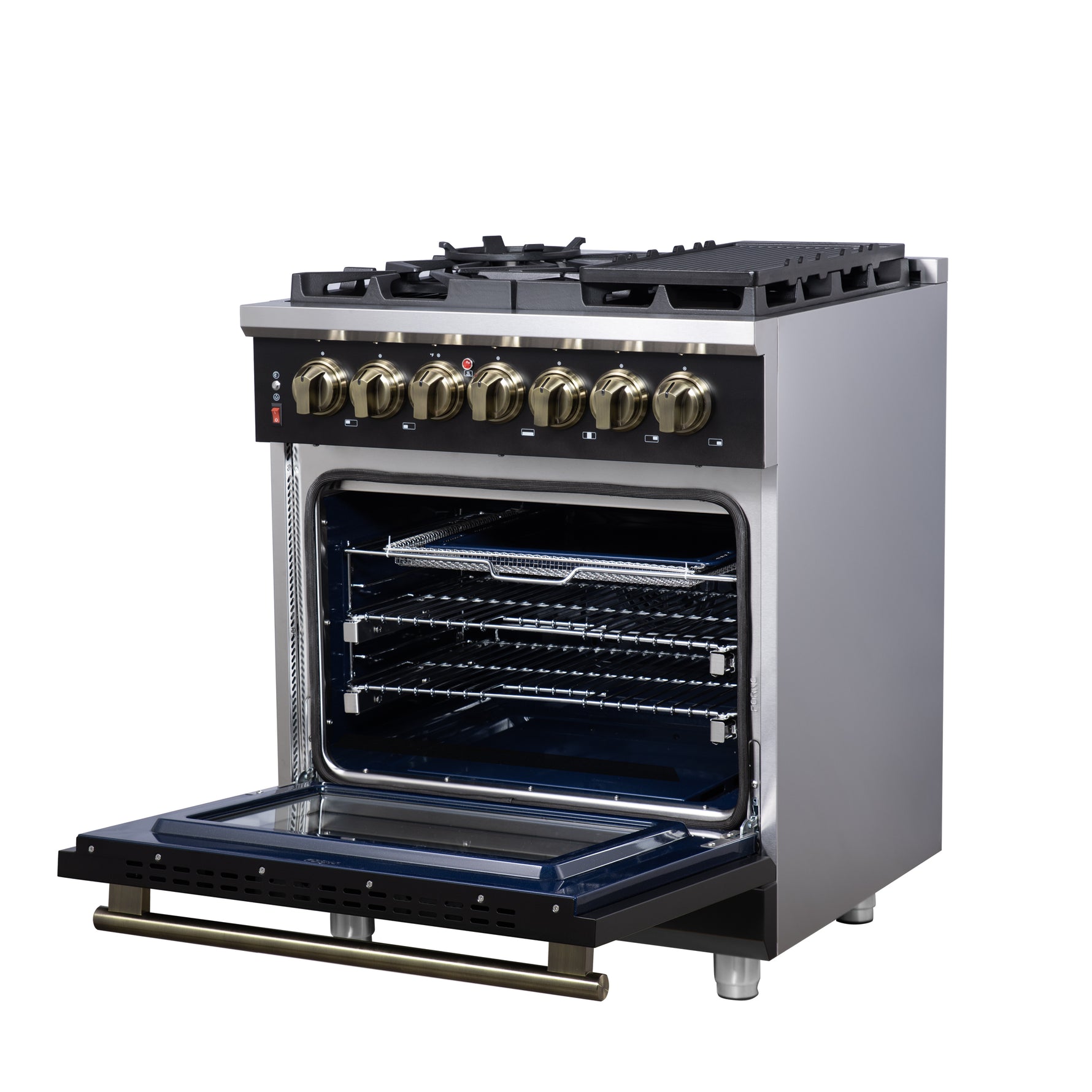 Forno Massimo 30-Inch Freestanding Dual Fuel Range in Black with Antique Brass Accessories, 4 Burners, 4.32 cu. ft. Convection Oven - BonPrix Électroménagers