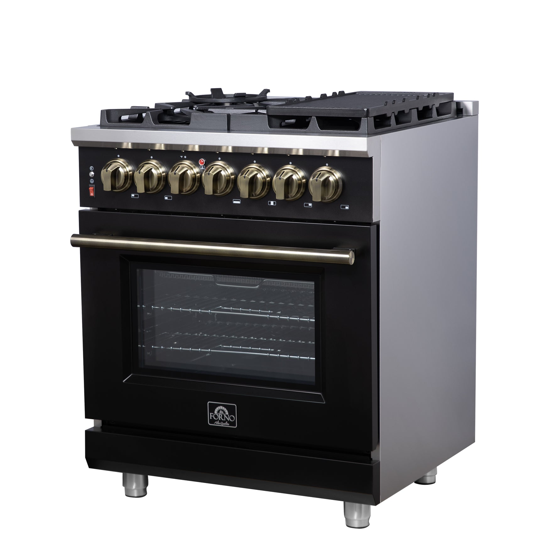 Forno Massimo 30-Inch Freestanding Dual Fuel Range in Black with Antique Brass Accessories, 4 Burners, 4.32 cu. ft. Convection Oven - BonPrix Électroménagers