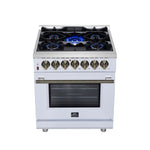 Forno Massimo 30-Inch Freestanding Dual Fuel Range in White with Antique Brass Accessories, 4 Burners, 4.32 cu. ft. Convection Oven - BonPrix Électroménagers