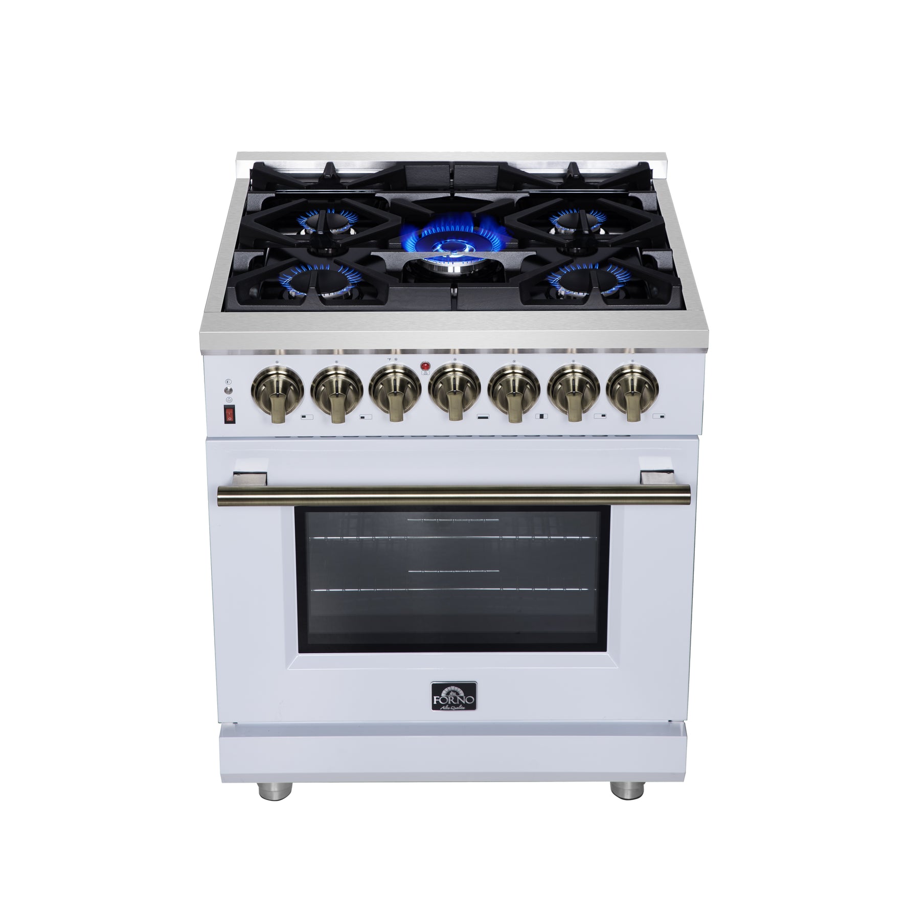 Forno Massimo 30-Inch Freestanding Dual Fuel Range in White with Antique Brass Accessories, 4 Burners, 4.32 cu. ft. Convection Oven - BonPrix Électroménagers