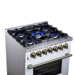 Forno Massimo 30-Inch Freestanding Dual Fuel Range in White with Antique Brass Accessories, 4 Burners, 4.32 cu. ft. Convection Oven - BonPrix Électroménagers
