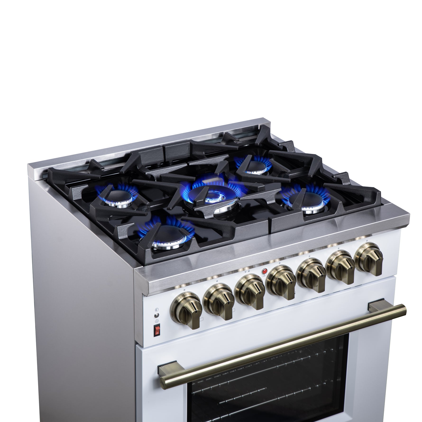 Forno Massimo 30-Inch Freestanding Dual Fuel Range in White with Antique Brass Accessories, 4 Burners, 4.32 cu. ft. Convection Oven - BonPrix Électroménagers