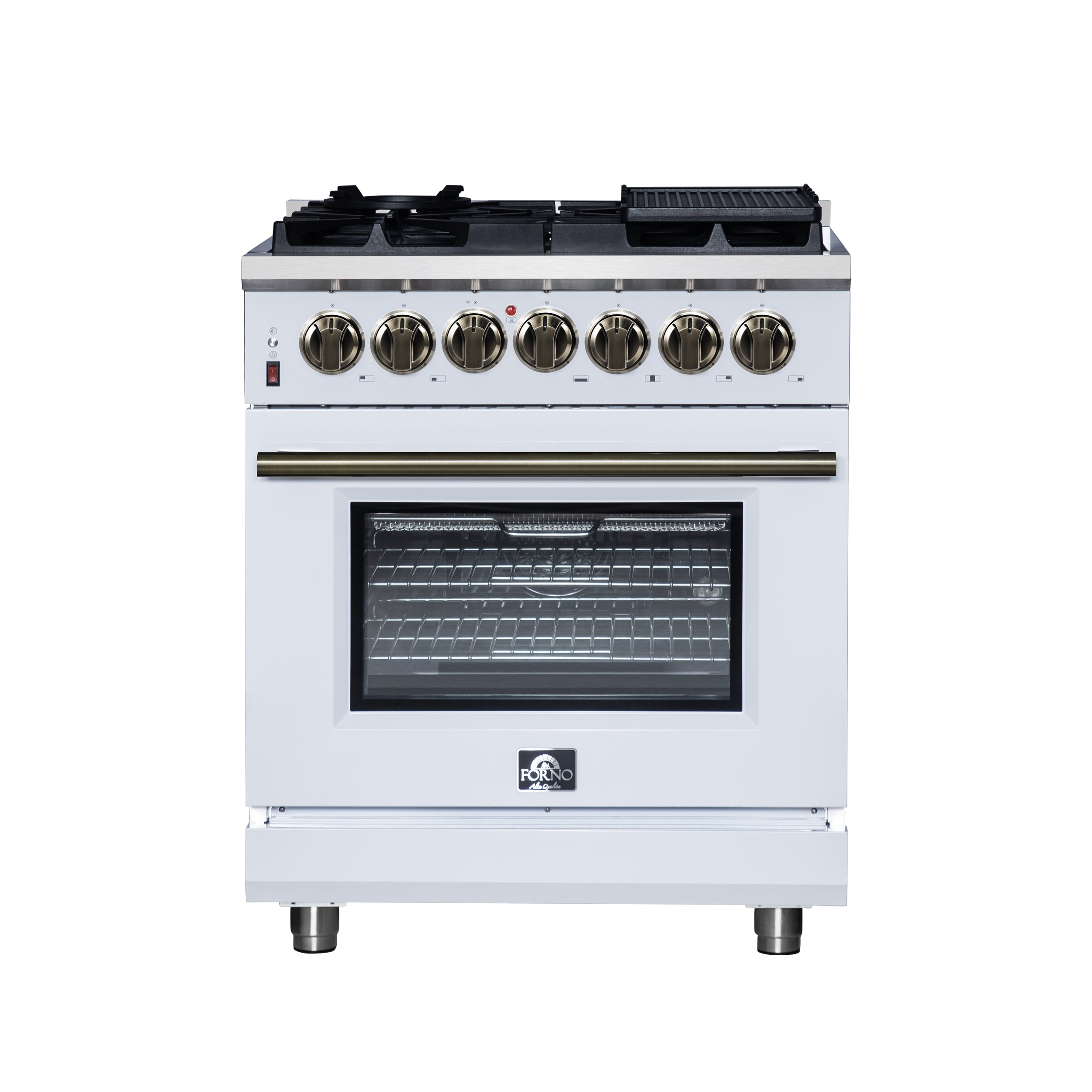 Forno Massimo 30-Inch Freestanding Dual Fuel Range in White with Antique Brass Accessories, 4 Burners, 4.32 cu. ft. Convection Oven - BonPrix Électroménagers