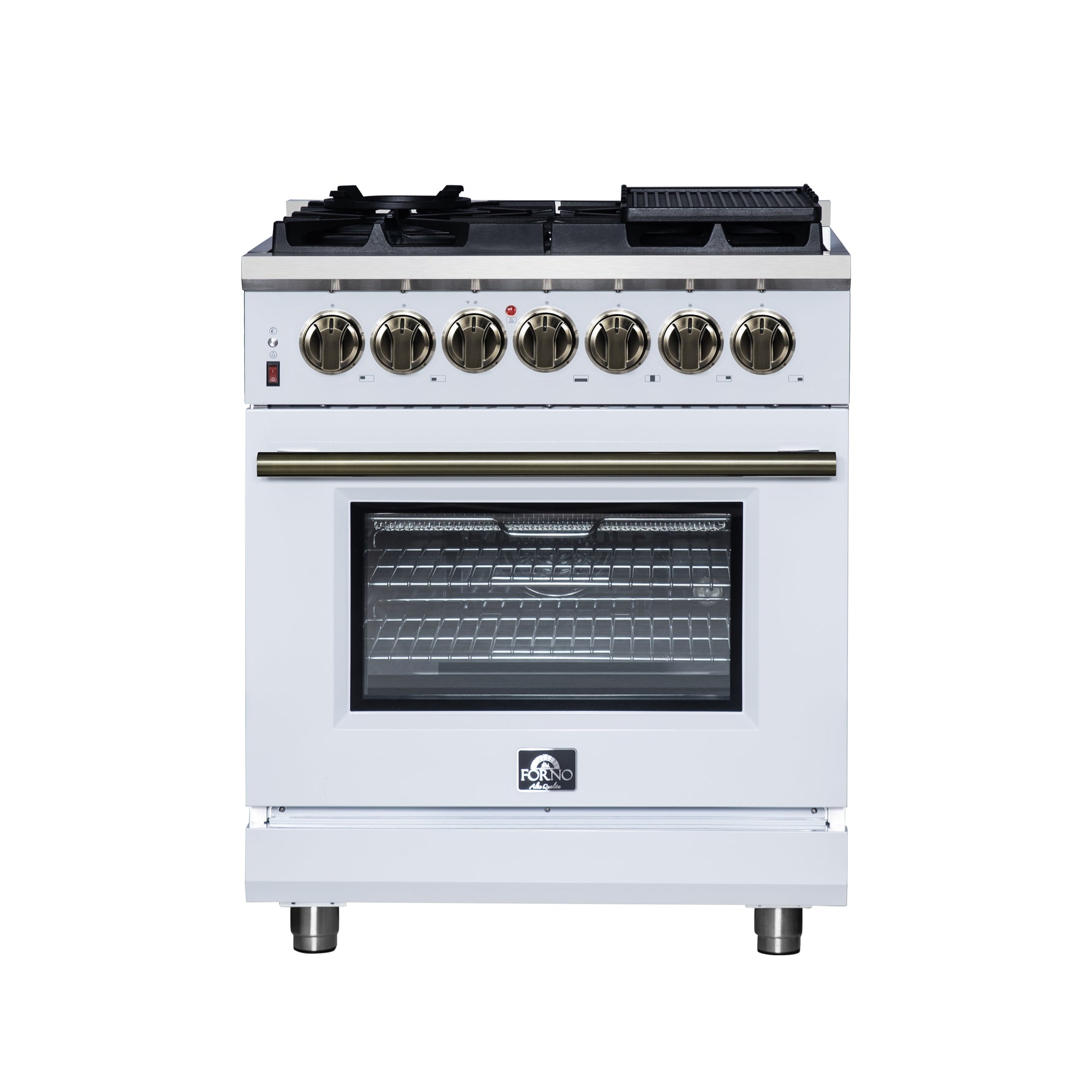 Forno Massimo 30-Inch Freestanding Dual Fuel Range in White with Antique Brass Accessories, 4 Burners, 4.32 cu. ft. Convection Oven - BonPrix Électroménagers