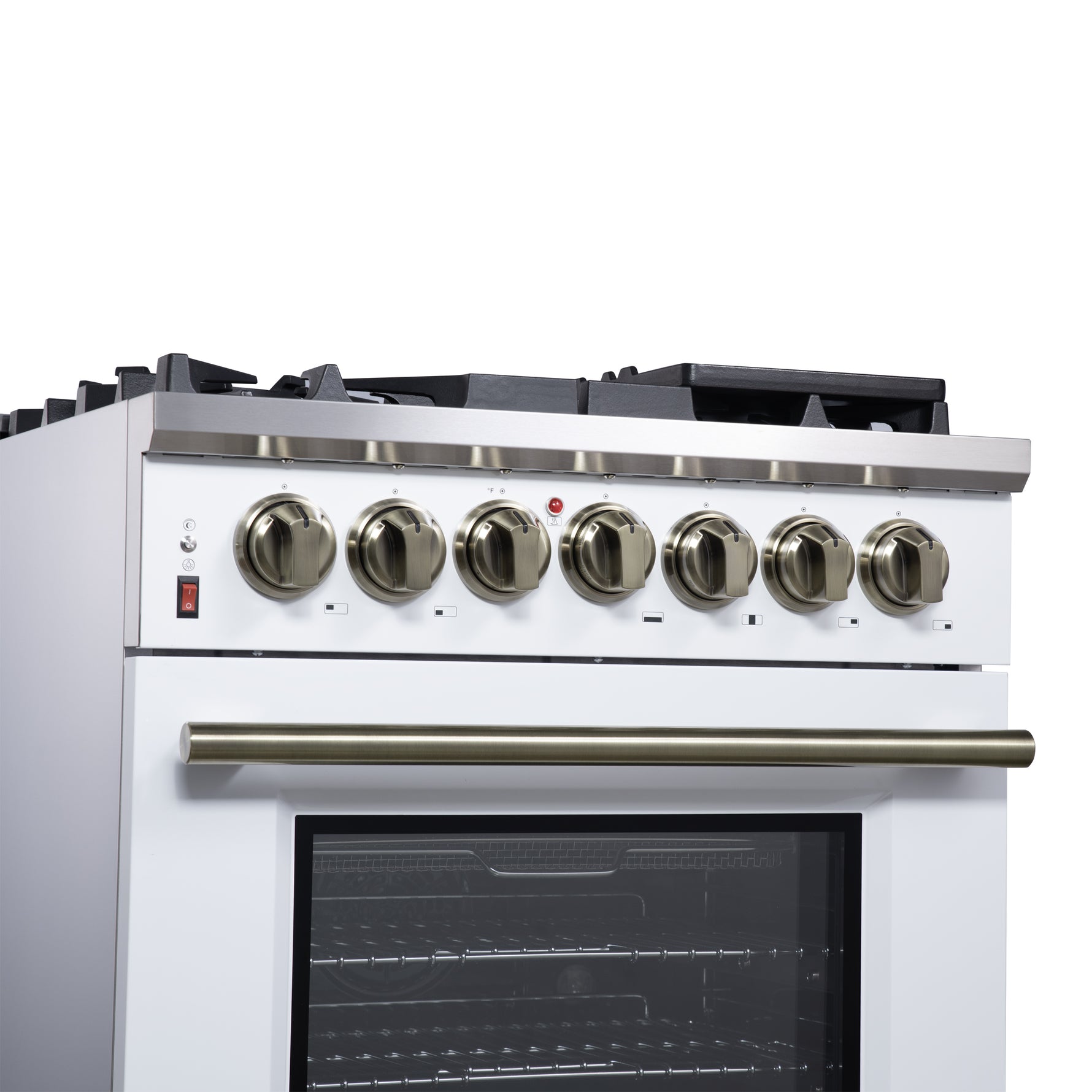 Forno Massimo 30-Inch Freestanding Dual Fuel Range in White with Antique Brass Accessories, 4 Burners, 4.32 cu. ft. Convection Oven - BonPrix Électroménagers