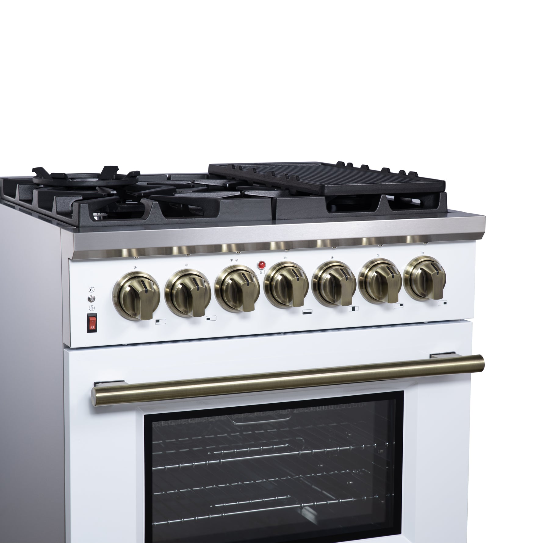Forno Massimo 30-Inch Freestanding Dual Fuel Range in White with Antique Brass Accessories, 4 Burners, 4.32 cu. ft. Convection Oven - BonPrix Électroménagers