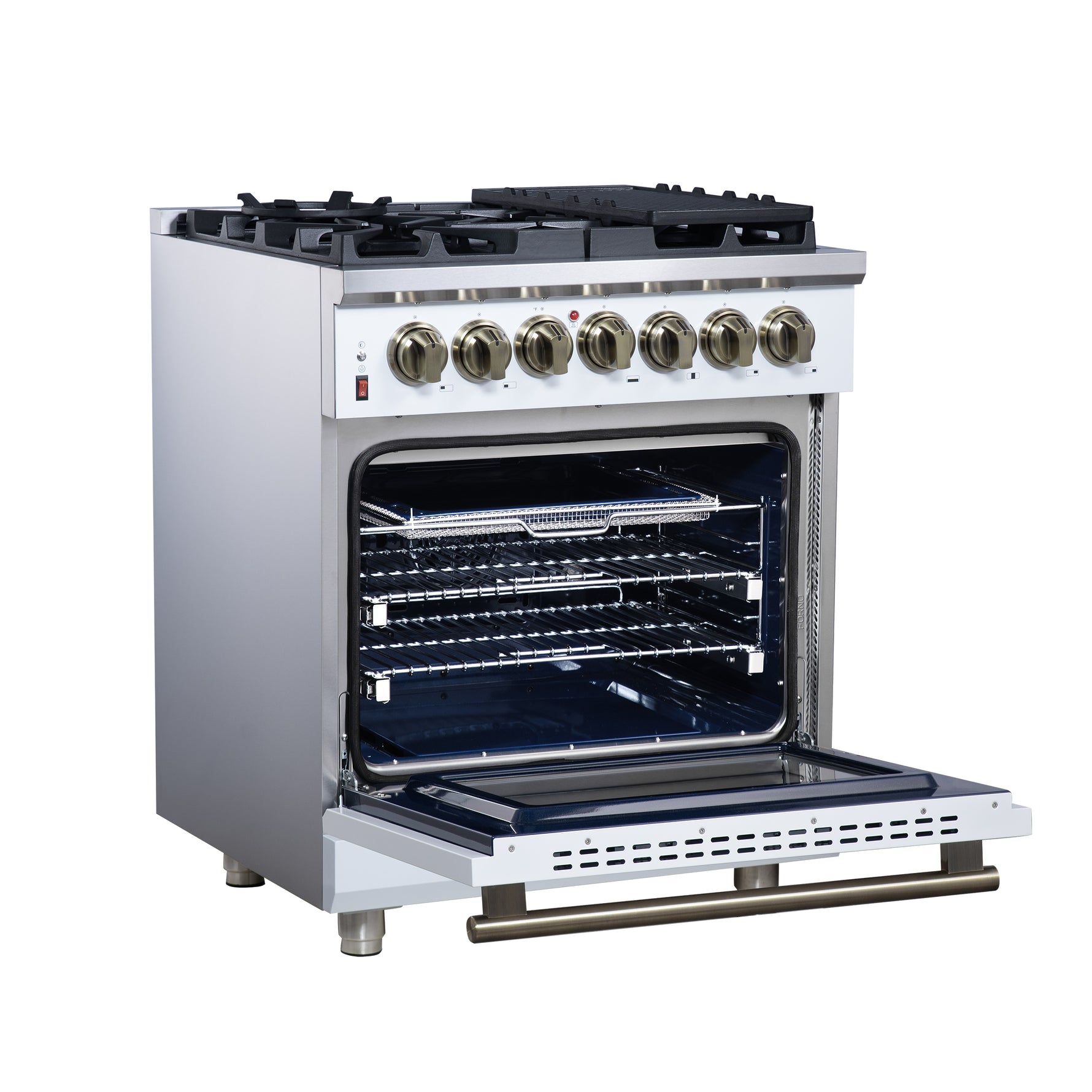 Forno Massimo 30-Inch Freestanding Dual Fuel Range in White with Antique Brass Accessories, 4 Burners, 4.32 cu. ft. Convection Oven - BonPrix Électroménagers