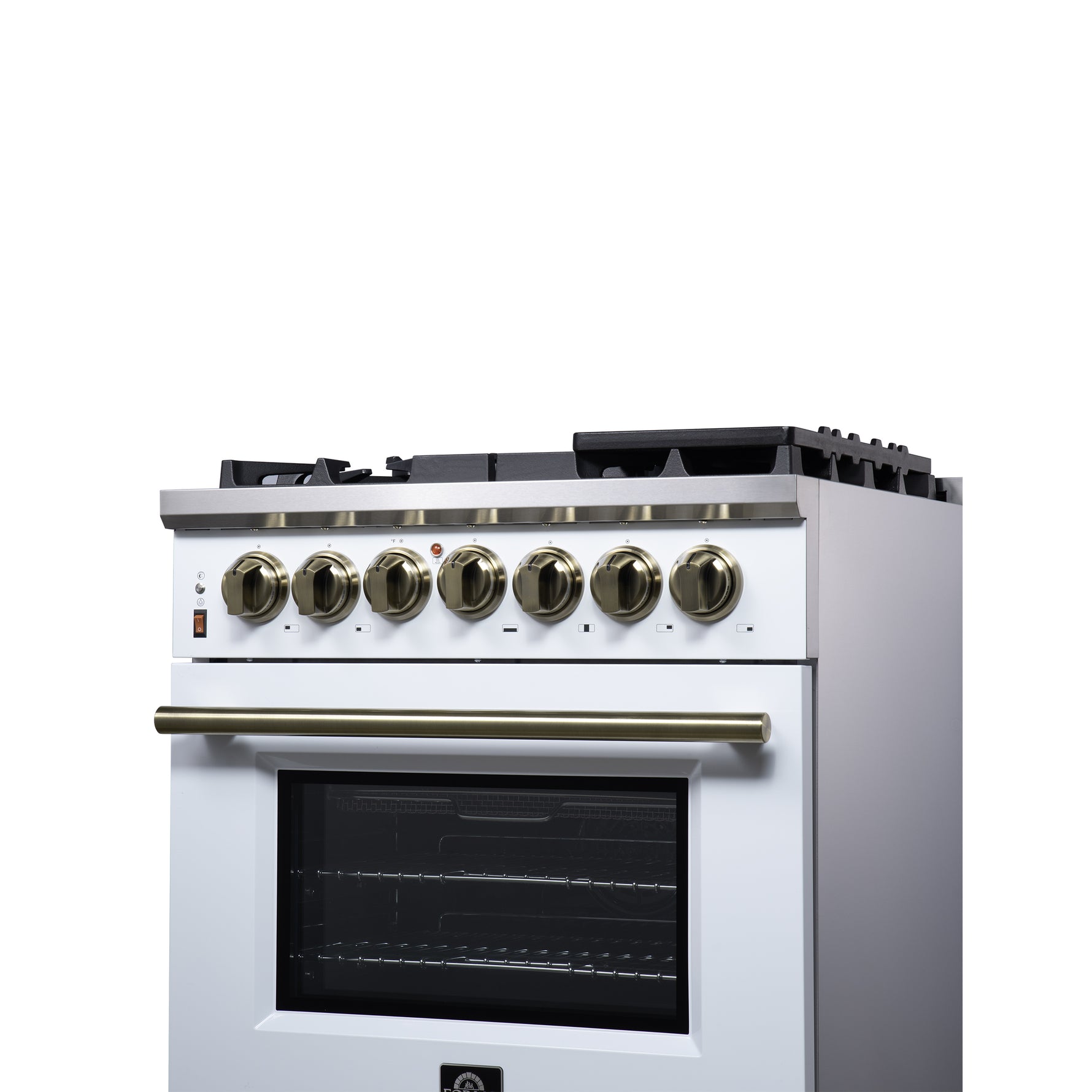 Forno Massimo 30-Inch Freestanding Dual Fuel Range in White with Antique Brass Accessories, 4 Burners, 4.32 cu. ft. Convection Oven - BonPrix Électroménagers
