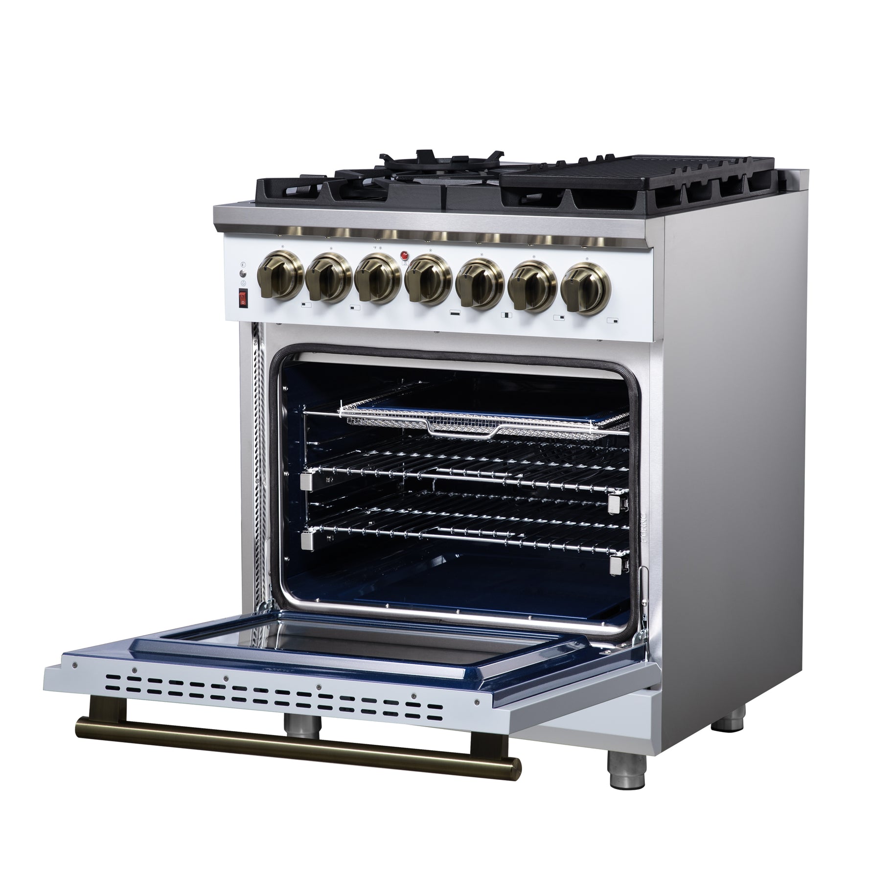 Forno Massimo 30-Inch Freestanding Dual Fuel Range in White with Antique Brass Accessories, 4 Burners, 4.32 cu. ft. Convection Oven - BonPrix Électroménagers