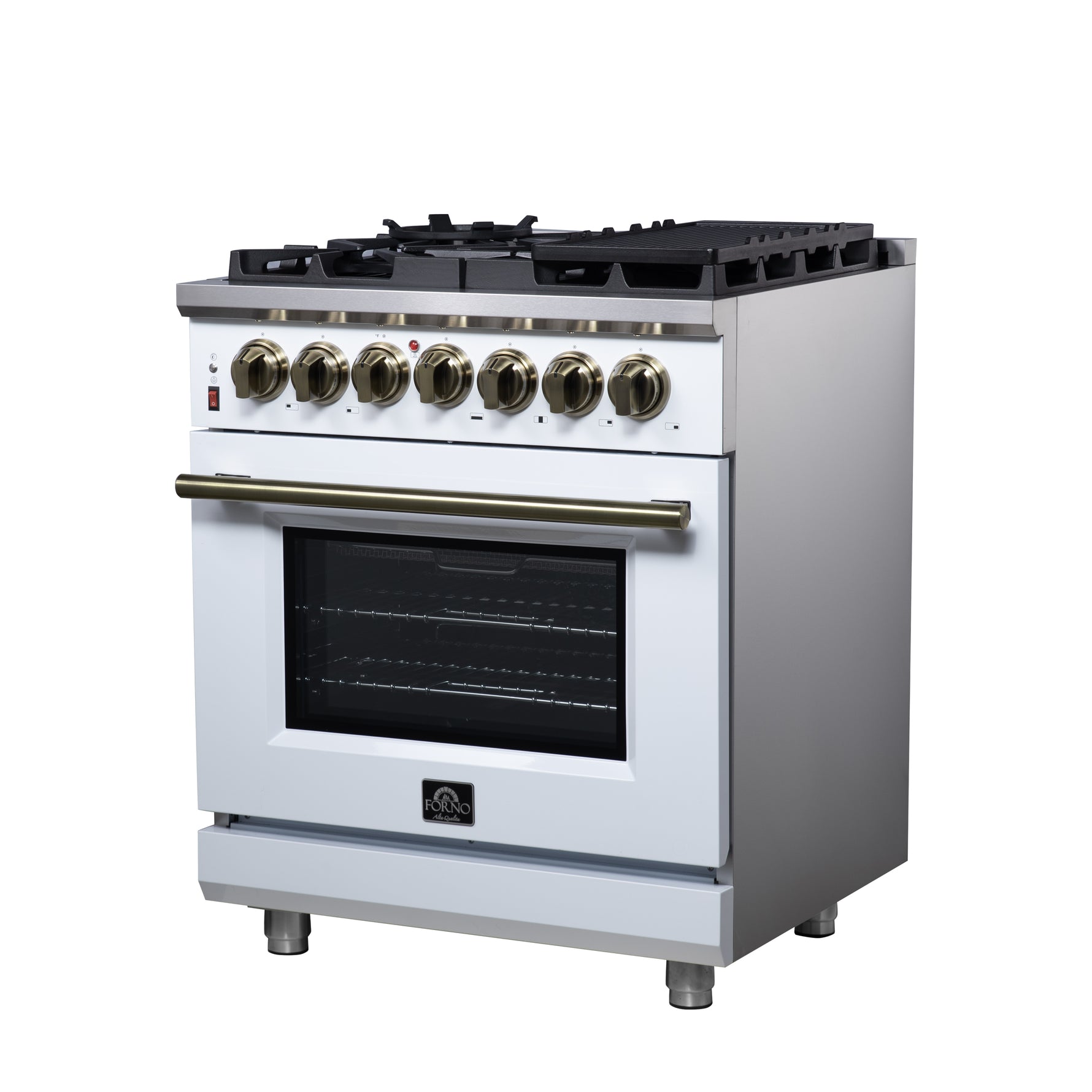 Forno Massimo 30-Inch Freestanding Dual Fuel Range in White with Antique Brass Accessories, 4 Burners, 4.32 cu. ft. Convection Oven - BonPrix Électroménagers