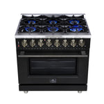 Forno Massimo 36 Inch Freestanding Dual Fuel Range in Black with Antique Brass Accessories, 6 Burners, 5.36 cu. ft. Convection Oven - BonPrix Électroménagers