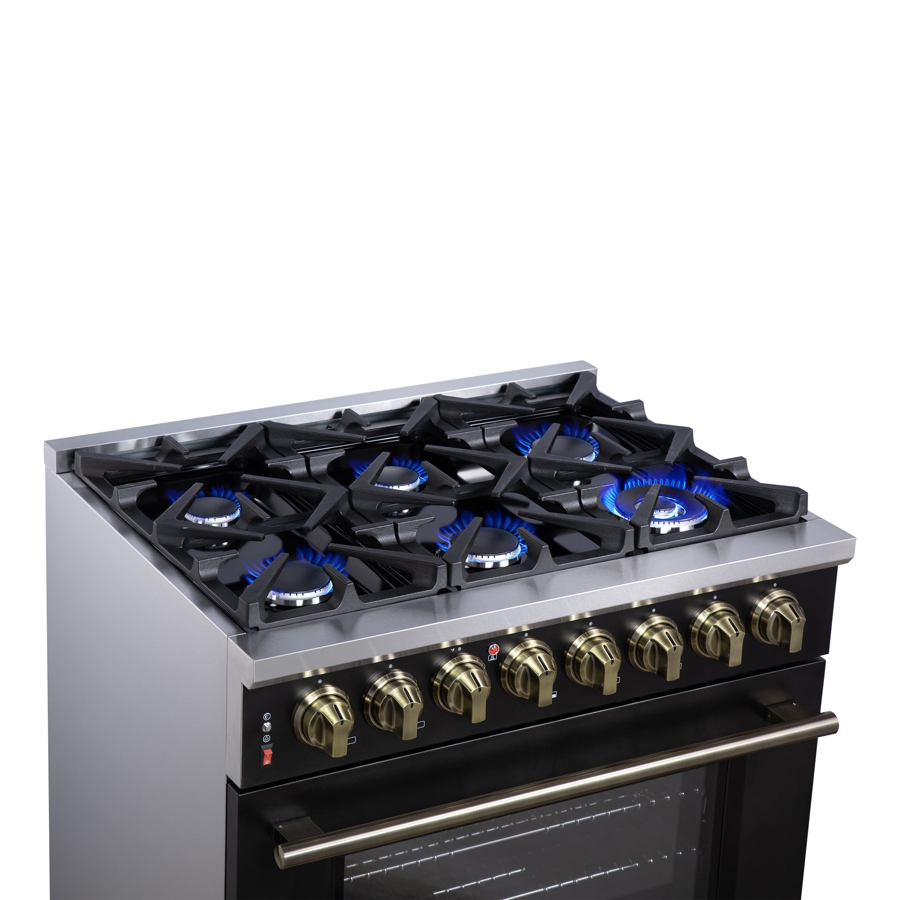 Forno Massimo 36 Inch Freestanding Dual Fuel Range in Black with Antique Brass Accessories, 6 Burners, 5.36 cu. ft. Convection Oven - BonPrix Électroménagers
