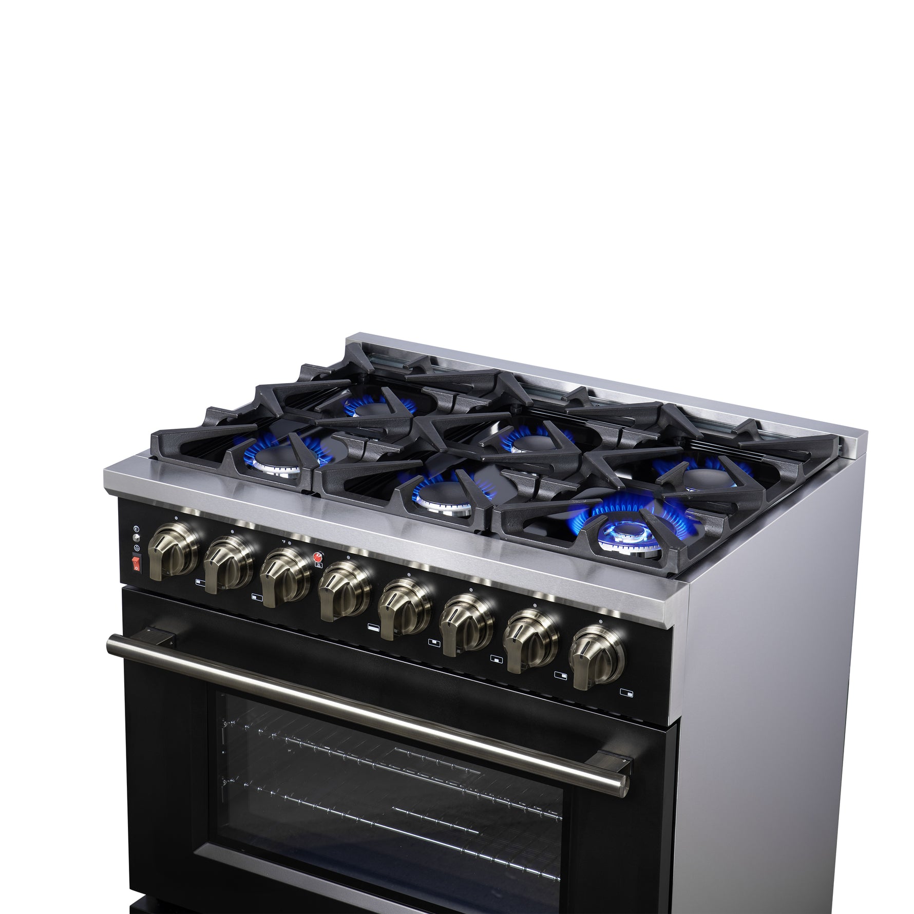 Forno Massimo 36 Inch Freestanding Dual Fuel Range in Black with Antique Brass Accessories, 6 Burners, 5.36 cu. ft. Convection Oven - BonPrix Électroménagers