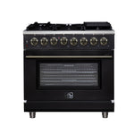 Forno Massimo 36 Inch Freestanding Dual Fuel Range in Black with Antique Brass Accessories, 6 Burners, 5.36 cu. ft. Convection Oven - BonPrix Électroménagers