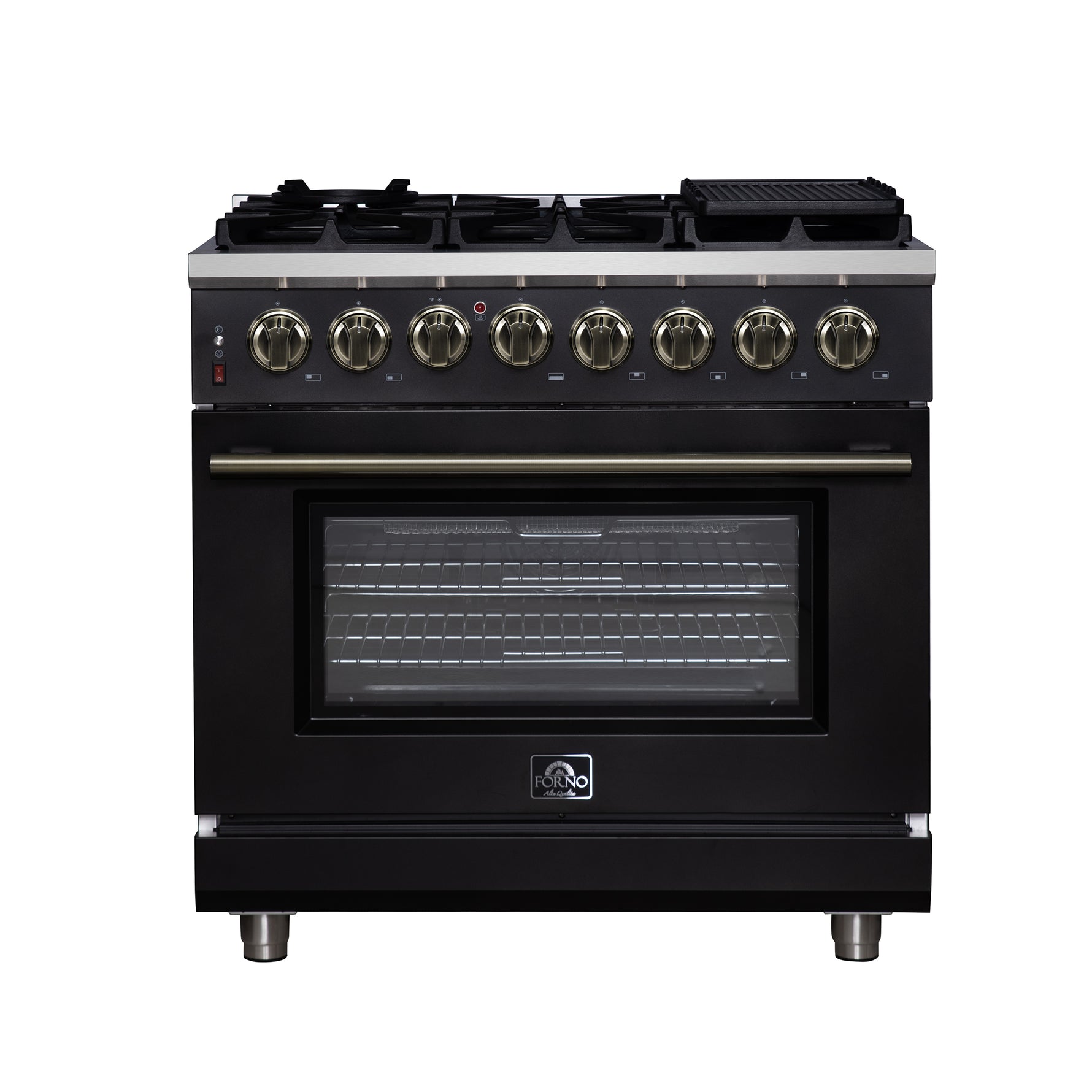 Forno Massimo 36 Inch Freestanding Dual Fuel Range in Black with Antique Brass Accessories, 6 Burners, 5.36 cu. ft. Convection Oven - BonPrix Électroménagers