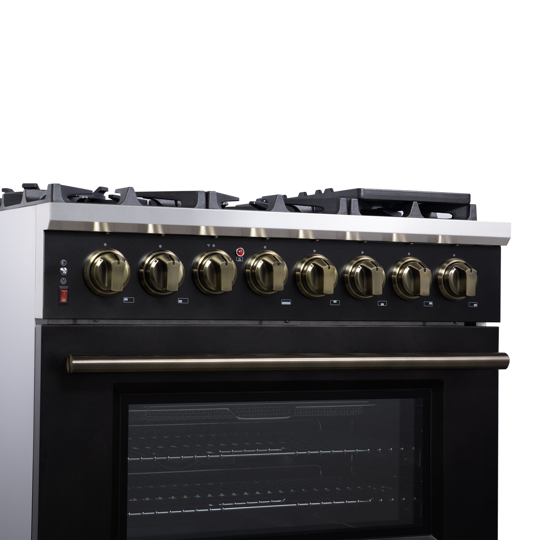 Forno Massimo 36 Inch Freestanding Dual Fuel Range in Black with Antique Brass Accessories, 6 Burners, 5.36 cu. ft. Convection Oven - BonPrix Électroménagers