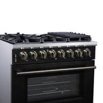Forno Massimo 36 Inch Freestanding Dual Fuel Range in Black with Antique Brass Accessories, 6 Burners, 5.36 cu. ft. Convection Oven - BonPrix Électroménagers