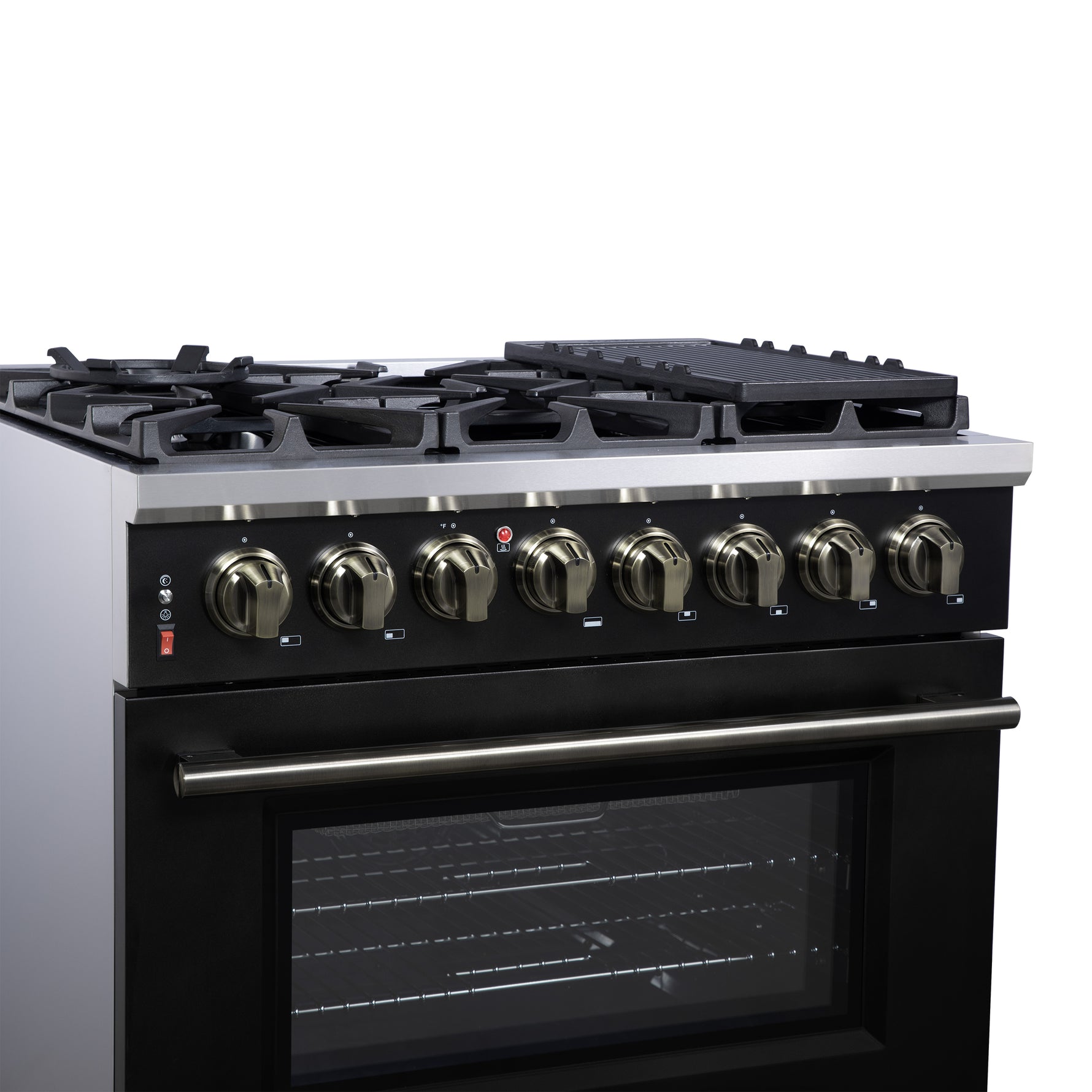 Forno Massimo 36 Inch Freestanding Dual Fuel Range in Black with Antique Brass Accessories, 6 Burners, 5.36 cu. ft. Convection Oven - BonPrix Électroménagers