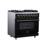 Forno Massimo 36 Inch Freestanding Dual Fuel Range in Black with Antique Brass Accessories, 6 Burners, 5.36 cu. ft. Convection Oven - BonPrix Électroménagers