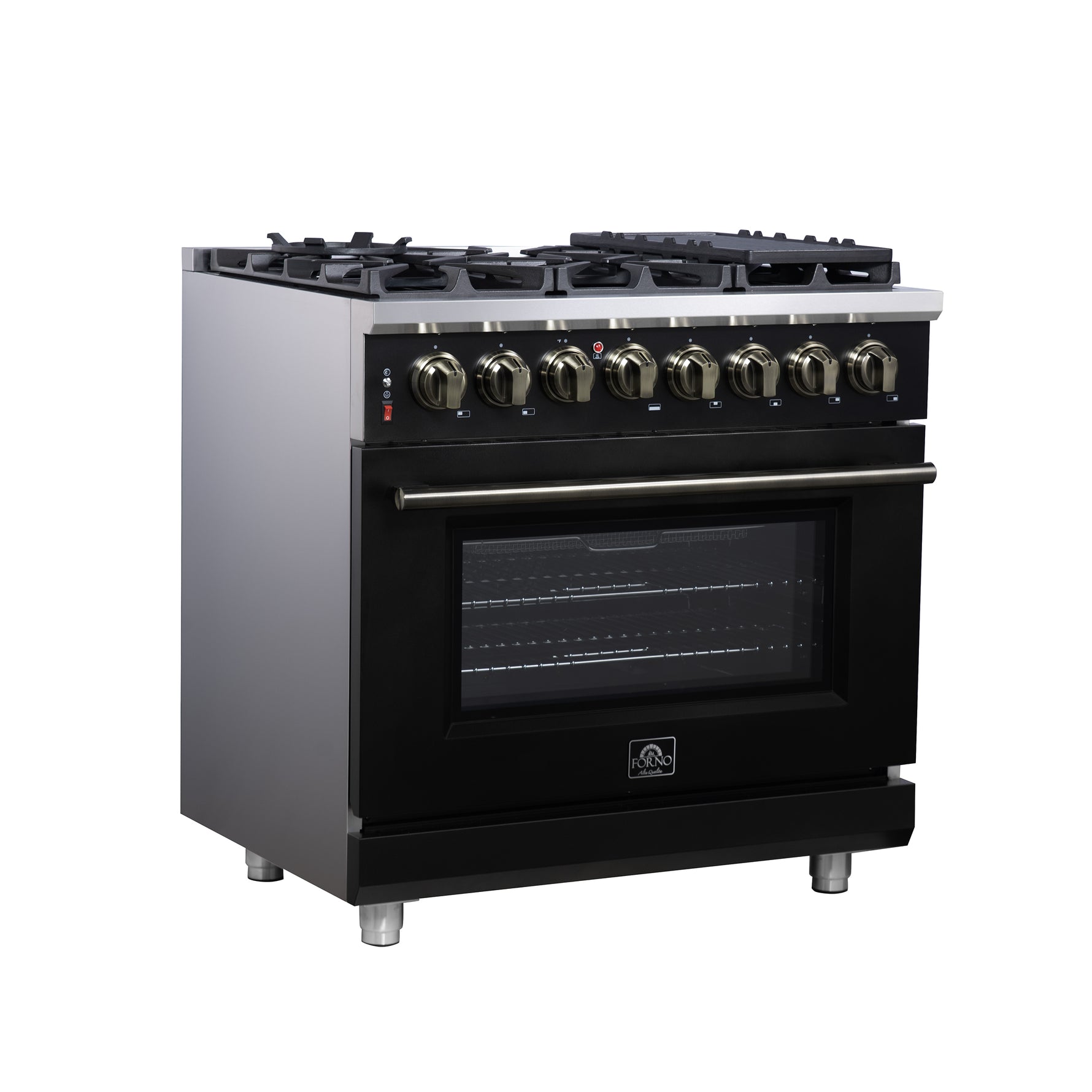 Forno Massimo 36 Inch Freestanding Dual Fuel Range in Black with Antique Brass Accessories, 6 Burners, 5.36 cu. ft. Convection Oven - BonPrix Électroménagers