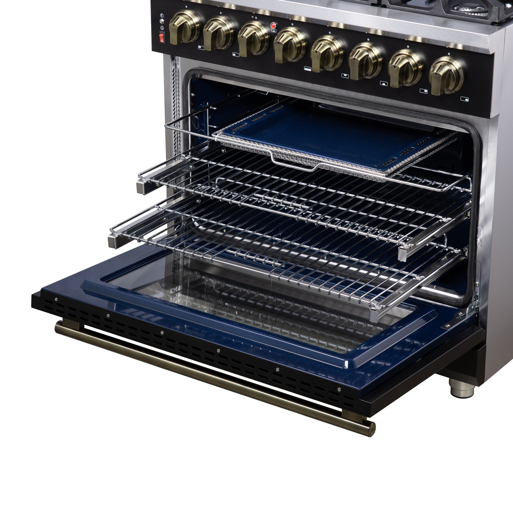 Forno Massimo 36 Inch Freestanding Dual Fuel Range in Black with Antique Brass Accessories, 6 Burners, 5.36 cu. ft. Convection Oven - BonPrix Électroménagers