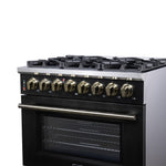 Forno Massimo 36 Inch Freestanding Dual Fuel Range in Black with Antique Brass Accessories, 6 Burners, 5.36 cu. ft. Convection Oven - BonPrix Électroménagers