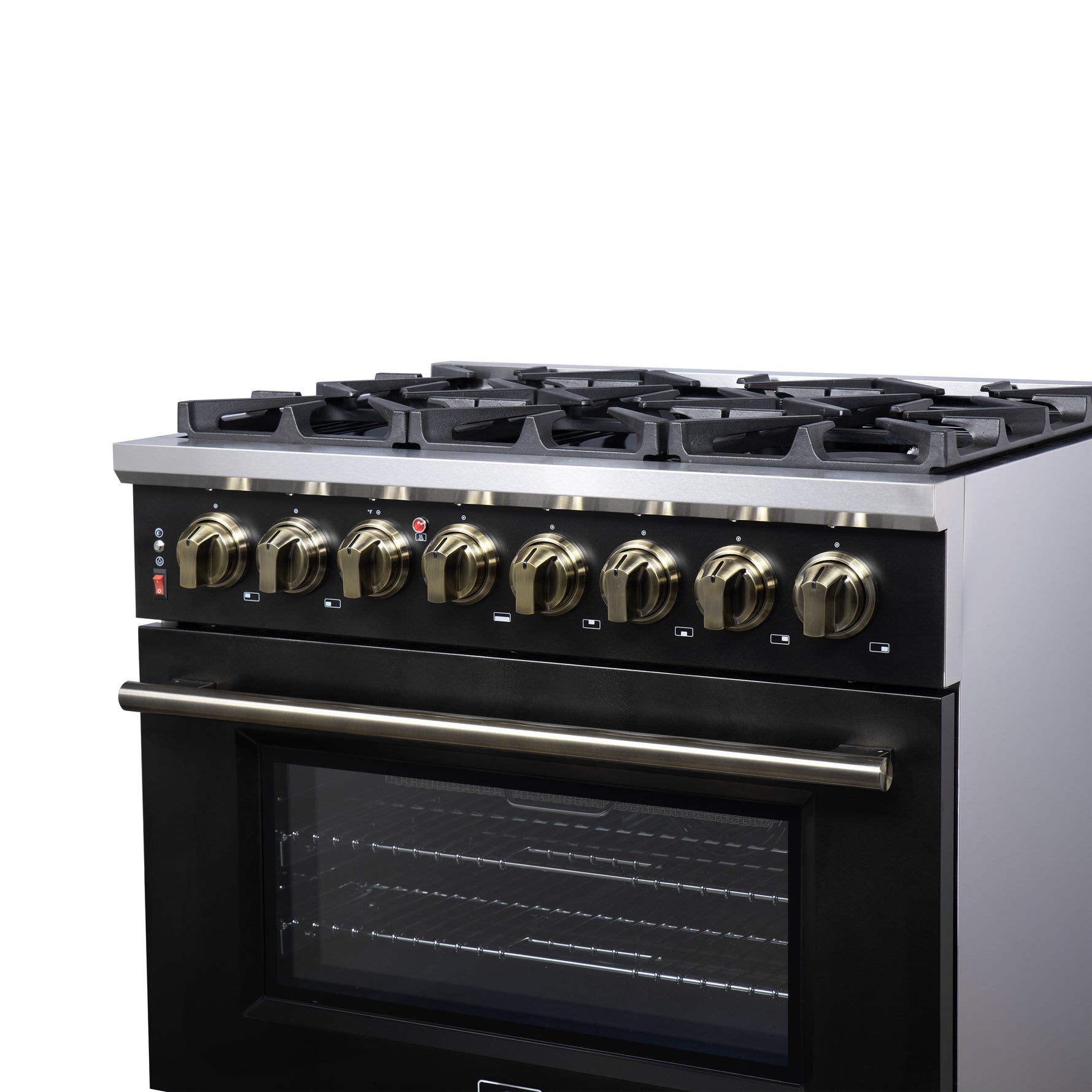 Forno Massimo 36 Inch Freestanding Dual Fuel Range in Black with Antique Brass Accessories, 6 Burners, 5.36 cu. ft. Convection Oven - BonPrix Électroménagers