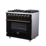 Forno Massimo 36 Inch Freestanding Dual Fuel Range in Black with Antique Brass Accessories, 6 Burners, 5.36 cu. ft. Convection Oven - BonPrix Électroménagers