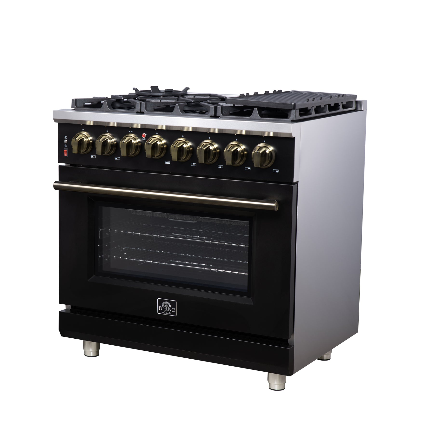 Forno Massimo 36 Inch Freestanding Dual Fuel Range in Black with Antique Brass Accessories, 6 Burners, 5.36 cu. ft. Convection Oven - BonPrix Électroménagers