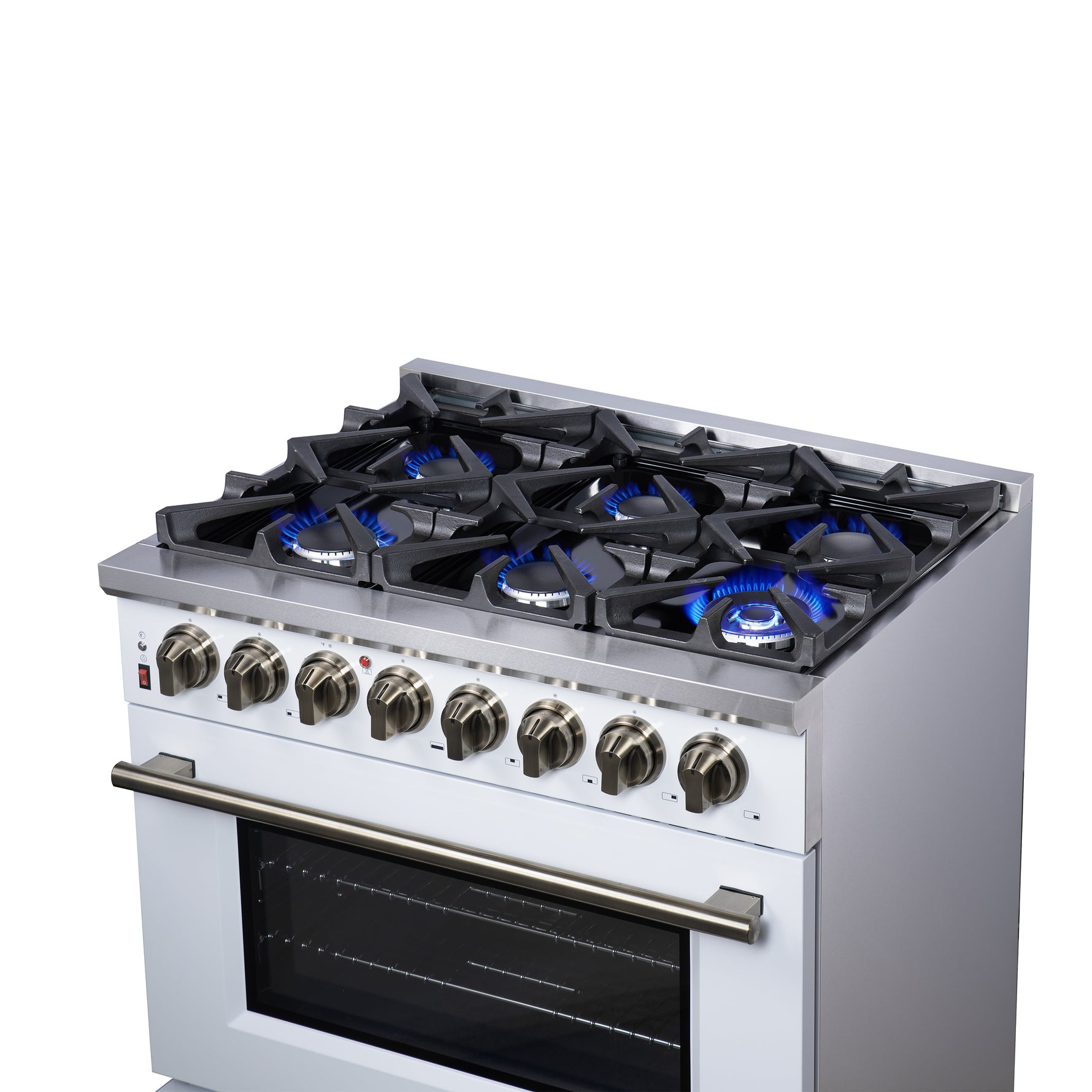 Forno Massimo 36 Inch Freestanding Dual Fuel Range in White with Antique Brass Accessories, 6 Burners, 5.36 cu. ft. Convection Oven - BonPrix Électroménagers