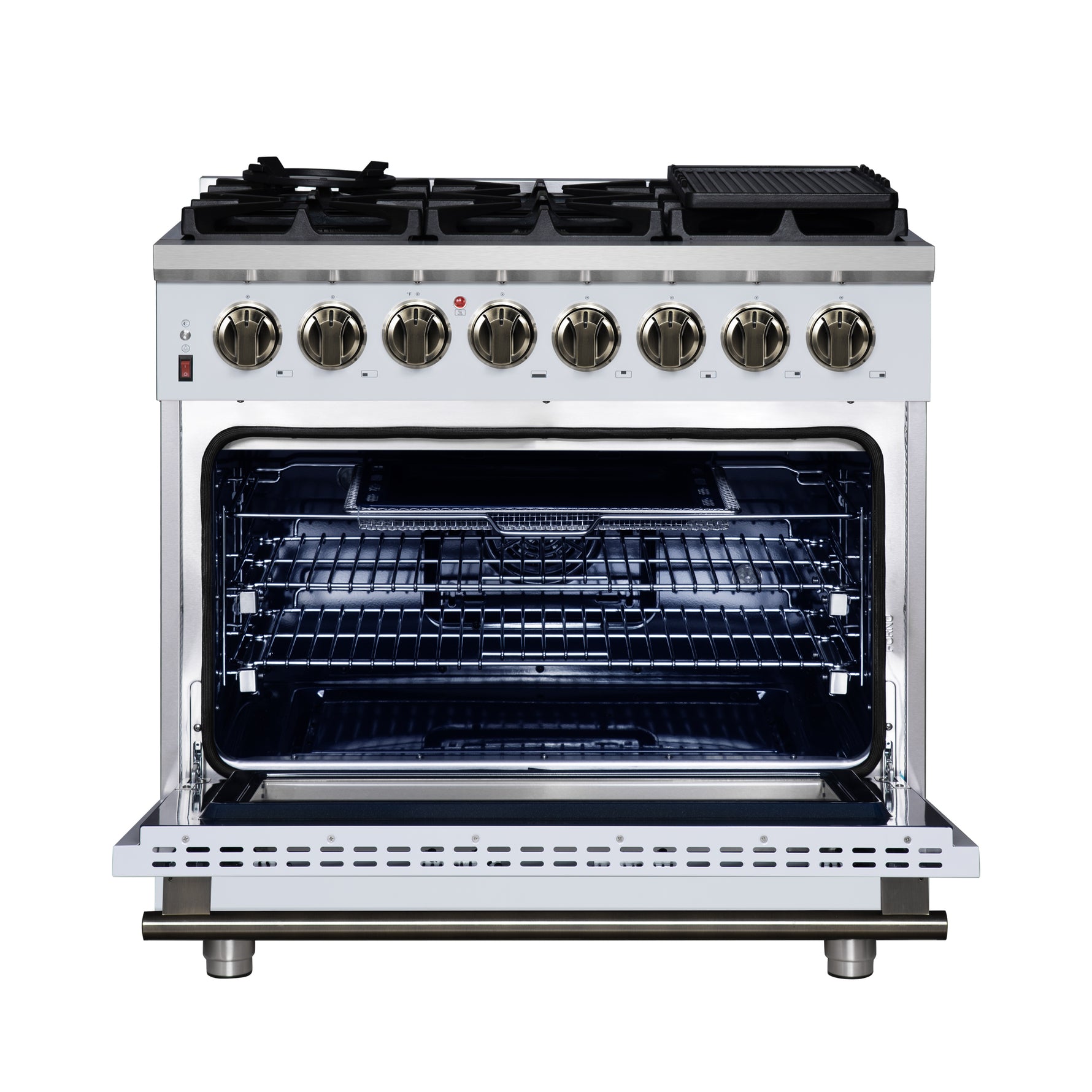Forno Massimo 36 Inch Freestanding Dual Fuel Range in White with Antique Brass Accessories, 6 Burners, 5.36 cu. ft. Convection Oven - BonPrix Électroménagers