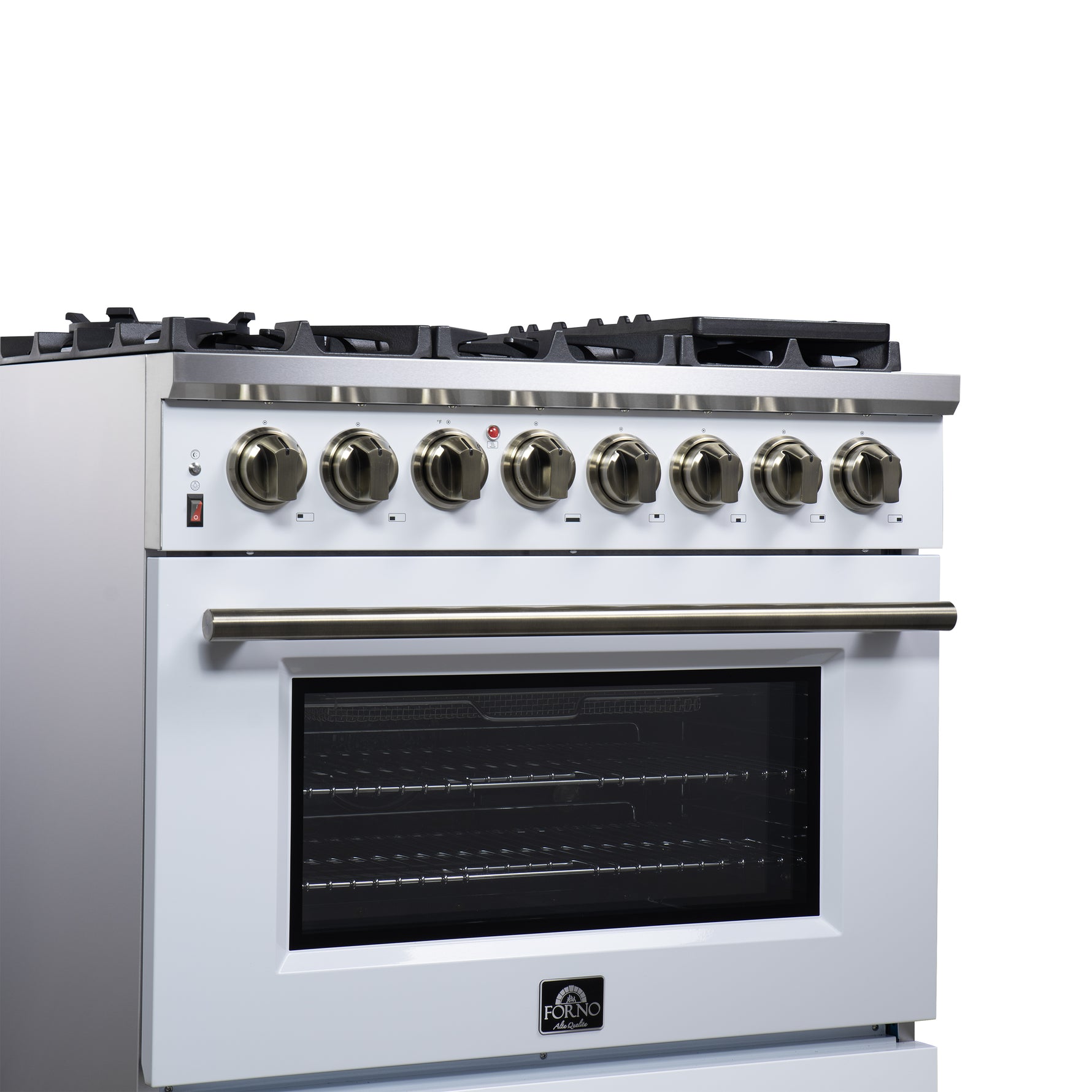 Forno Massimo 36 Inch Freestanding Dual Fuel Range in White with Antique Brass Accessories, 6 Burners, 5.36 cu. ft. Convection Oven - BonPrix Électroménagers