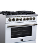 Forno Massimo 36 Inch Freestanding Dual Fuel Range in White with Antique Brass Accessories, 6 Burners, 5.36 cu. ft. Convection Oven - BonPrix Électroménagers