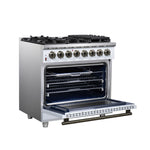 Forno Massimo 36 Inch Freestanding Dual Fuel Range in White with Antique Brass Accessories, 6 Burners, 5.36 cu. ft. Convection Oven - BonPrix Électroménagers