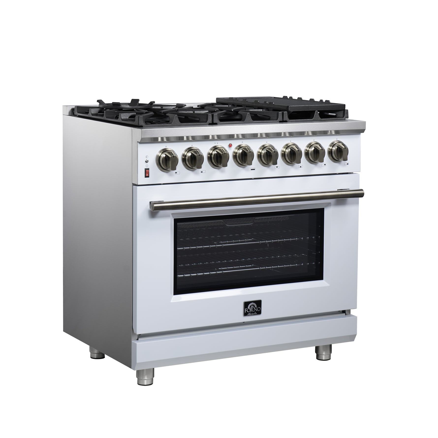 Forno Massimo 36 Inch Freestanding Dual Fuel Range in White with Antique Brass Accessories, 6 Burners, 5.36 cu. ft. Convection Oven - BonPrix Électroménagers