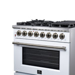 Forno Massimo 36 Inch Freestanding Dual Fuel Range in White with Antique Brass Accessories, 6 Burners, 5.36 cu. ft. Convection Oven - BonPrix Électroménagers