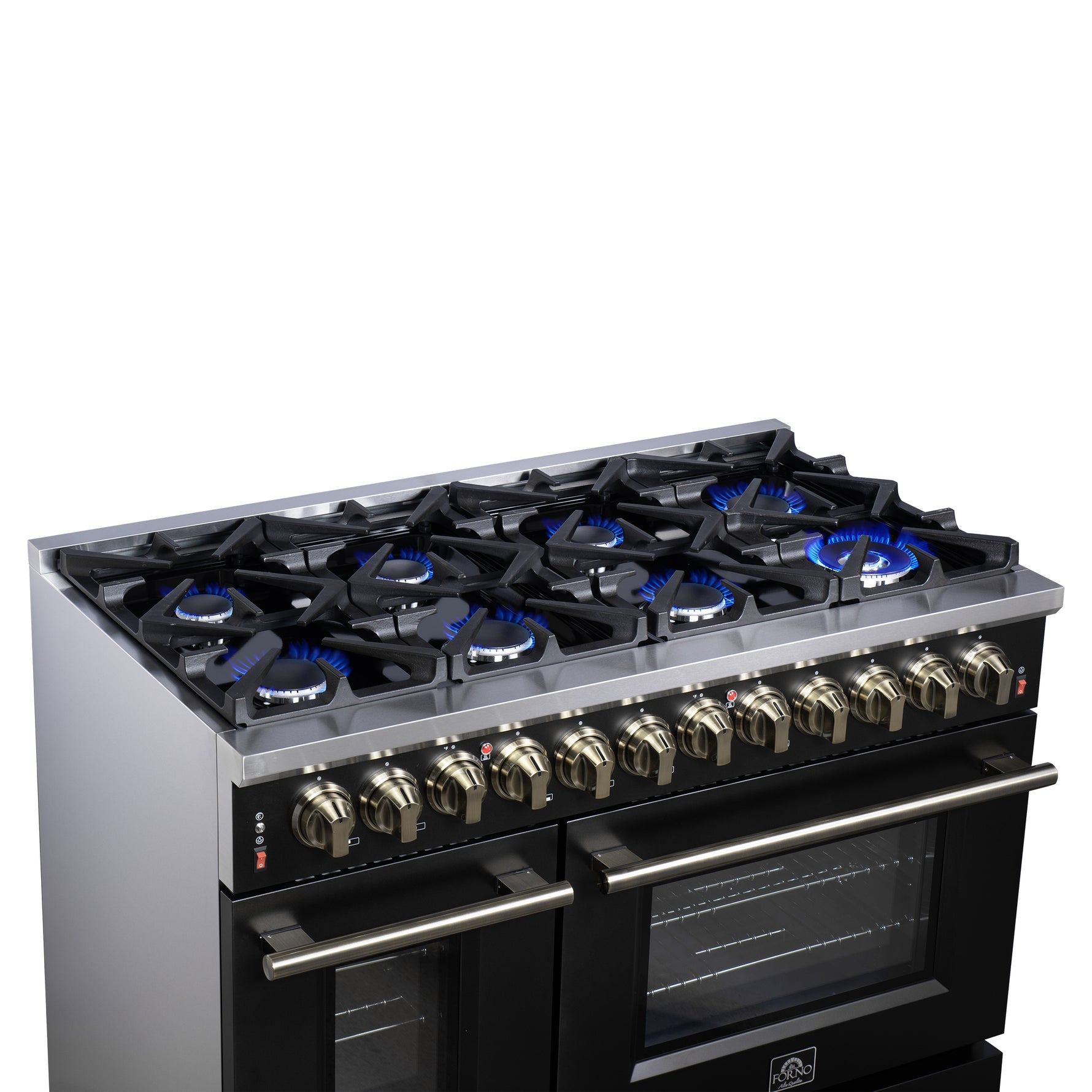 Forno Massimo 48 Inch Freestanding Dual Fuel Range in Black with Antique Brass Accessories, 8 Burners, 6.58 cu. ft. Convection Oven - BonPrix Électroménagers
