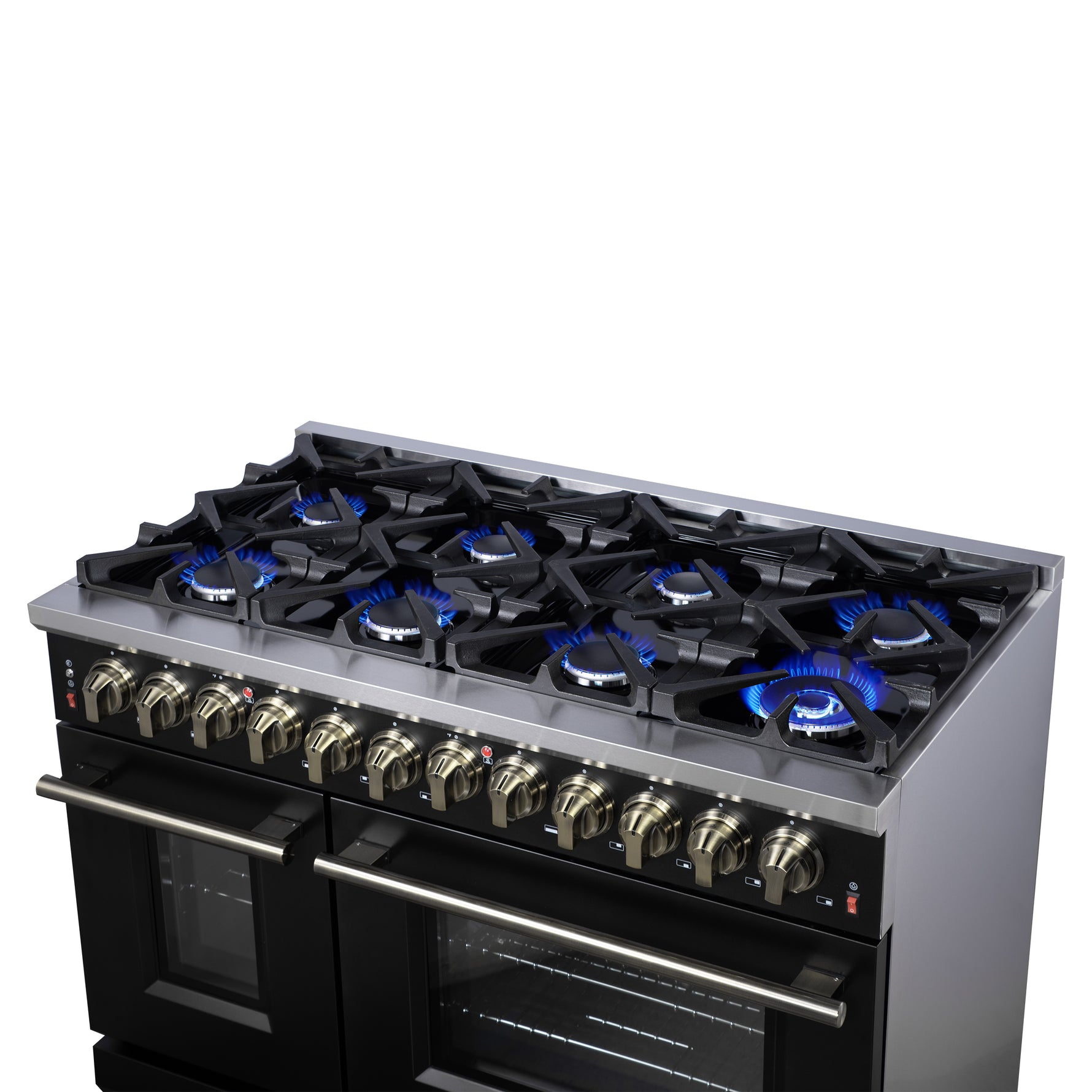 Forno Massimo 48 Inch Freestanding Dual Fuel Range in Black with Antique Brass Accessories, 8 Burners, 6.58 cu. ft. Convection Oven - BonPrix Électroménagers