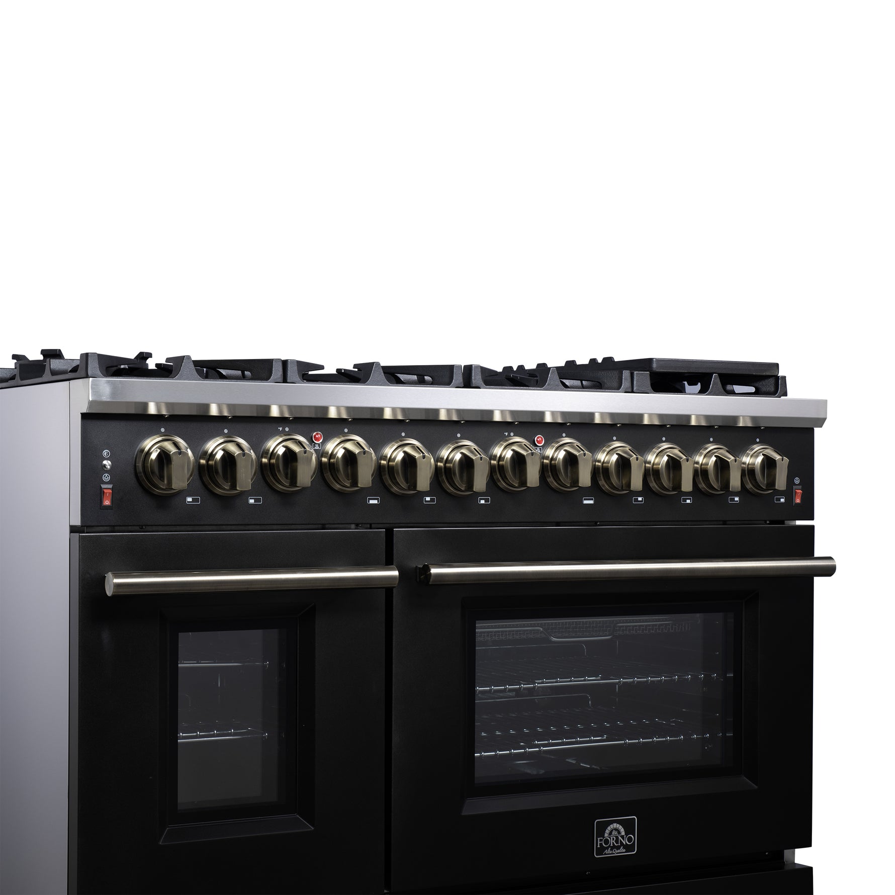 Forno Massimo 48 Inch Freestanding Dual Fuel Range in Black with Antique Brass Accessories, 8 Burners, 6.58 cu. ft. Convection Oven - BonPrix Électroménagers
