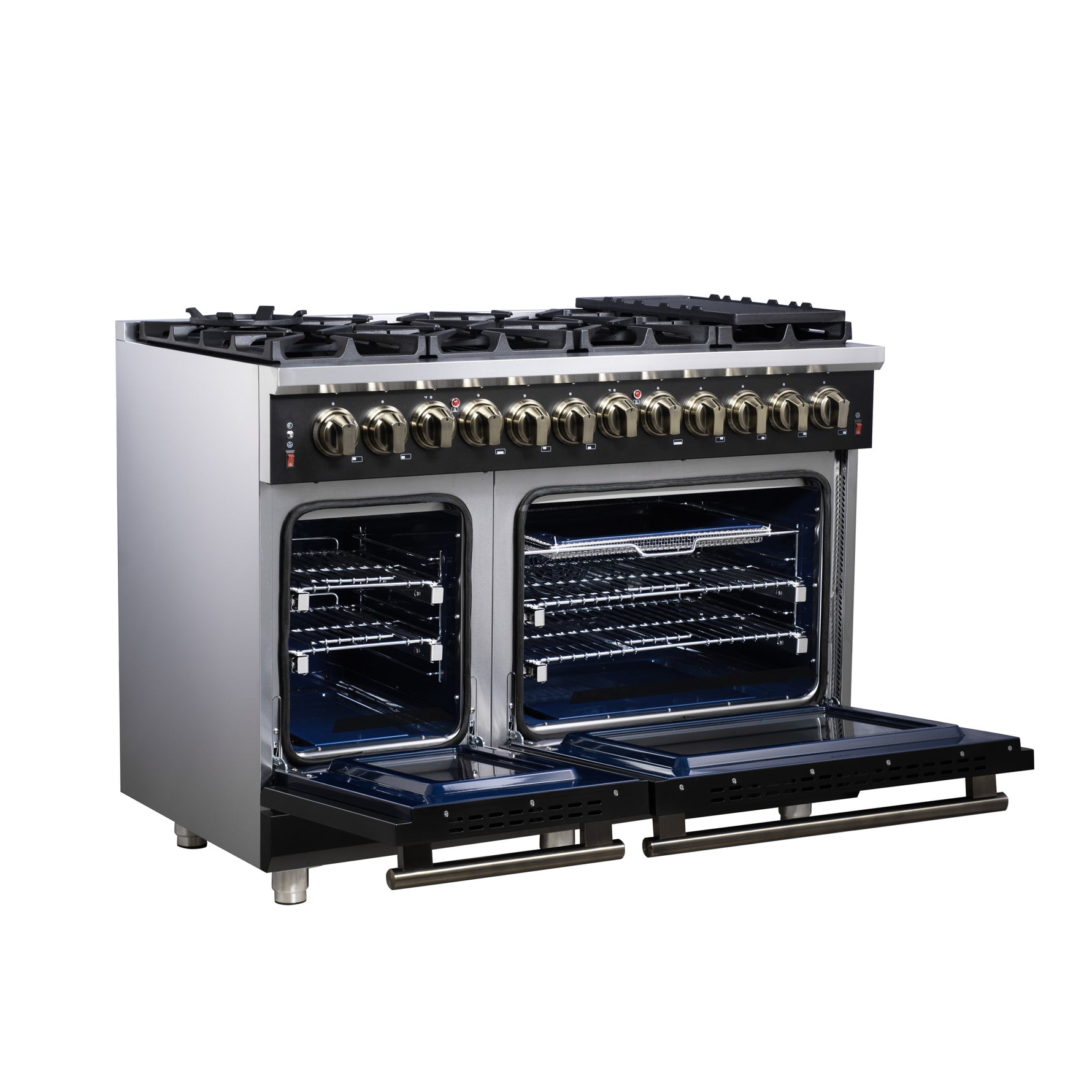 Forno Massimo 48 Inch Freestanding Dual Fuel Range in Black with Antique Brass Accessories, 8 Burners, 6.58 cu. ft. Convection Oven - BonPrix Électroménagers