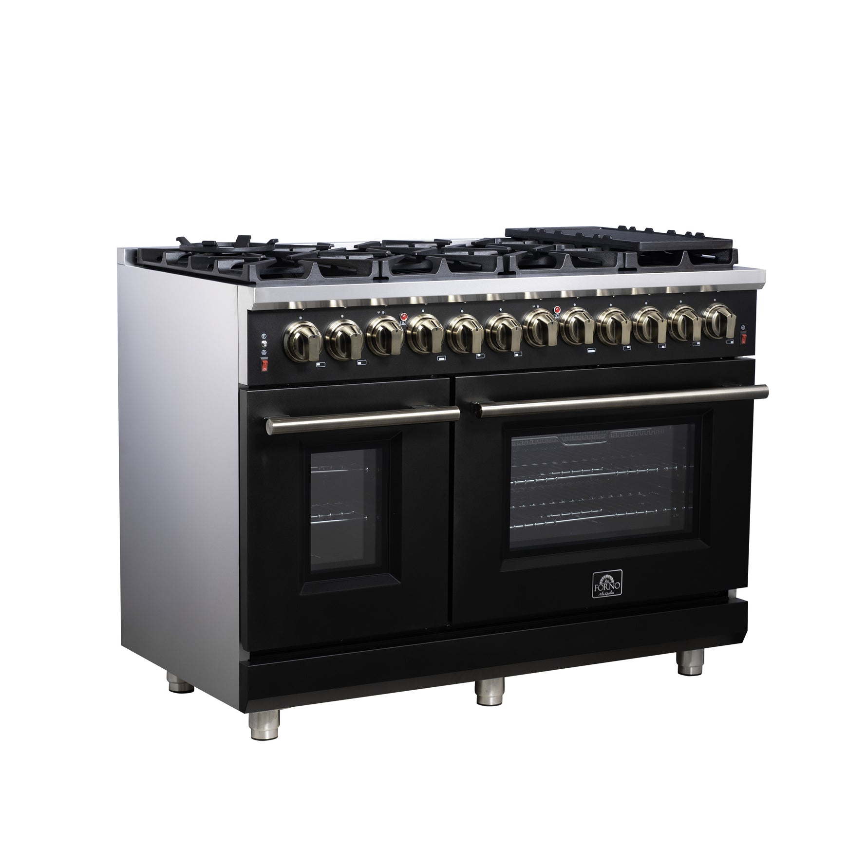 Forno Massimo 48 Inch Freestanding Dual Fuel Range in Black with Antique Brass Accessories, 8 Burners, 6.58 cu. ft. Convection Oven - BonPrix Électroménagers