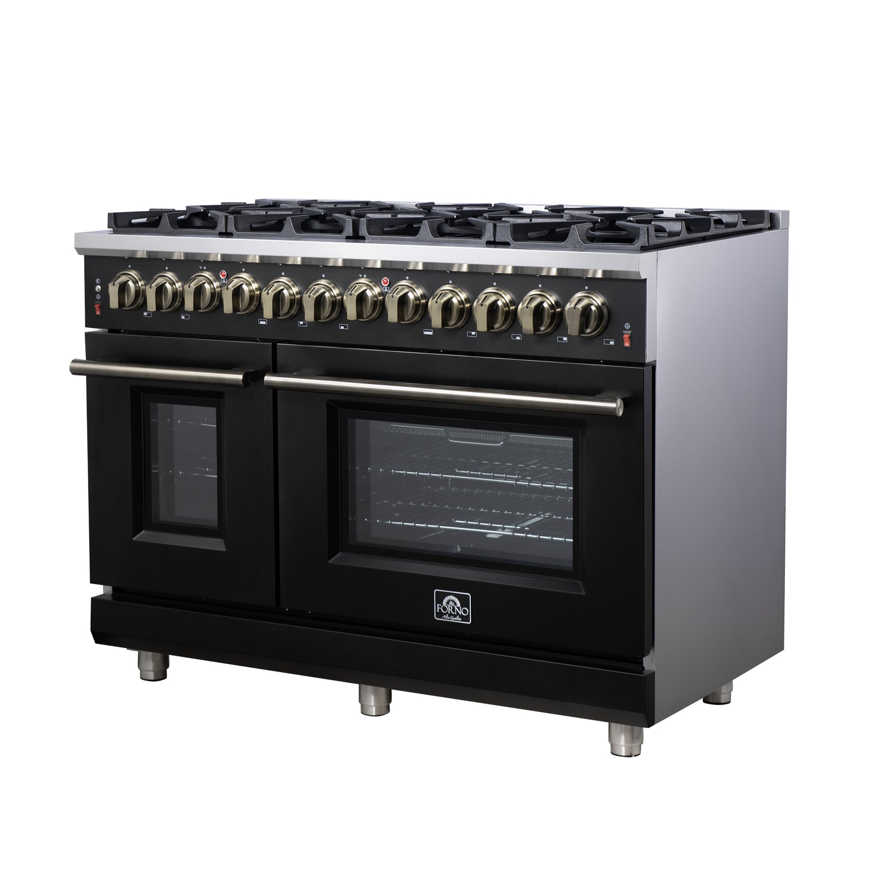Forno Massimo 48 Inch Freestanding Dual Fuel Range in Black with Antique Brass Accessories, 8 Burners, 6.58 cu. ft. Convection Oven - BonPrix Électroménagers