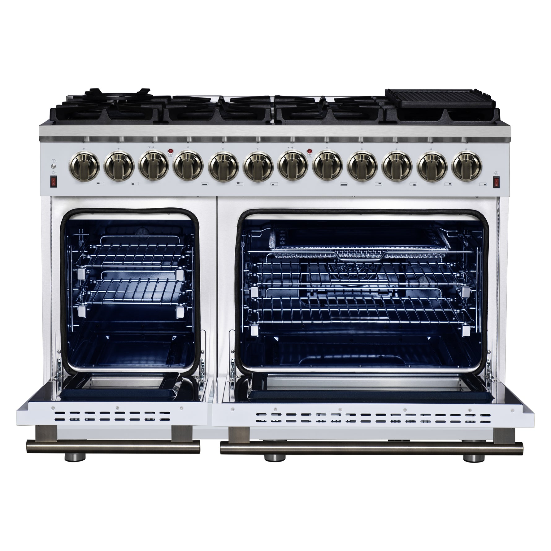 Forno Massimo 48 Inch Freestanding Dual Fuel Range in White with Antique Brass Accessories, 8 Burners, 6.58 cu. ft. Convection Oven - BonPrix Électroménagers