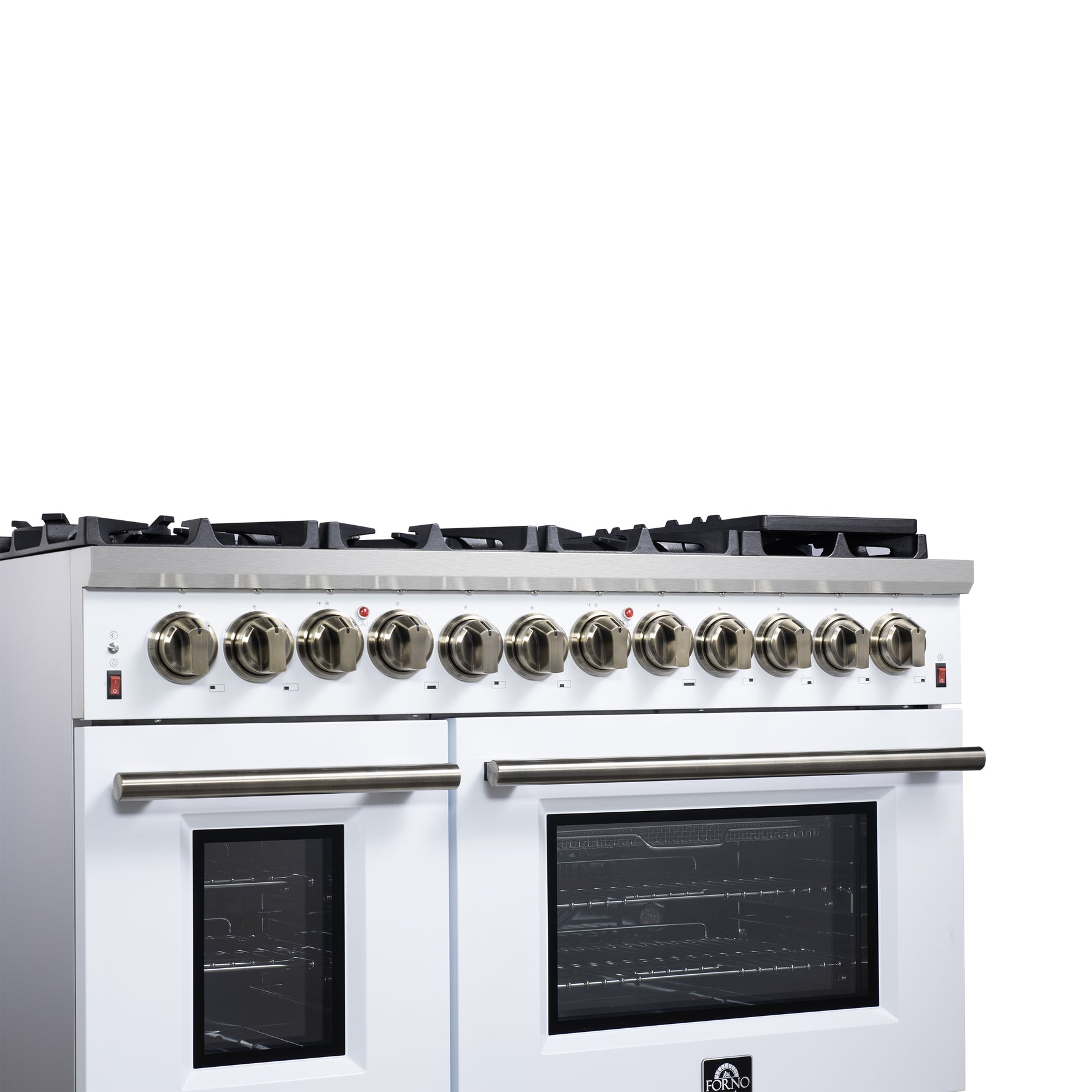 Forno Massimo 48 Inch Freestanding Dual Fuel Range in White with Antique Brass Accessories, 8 Burners, 6.58 cu. ft. Convection Oven - BonPrix Électroménagers